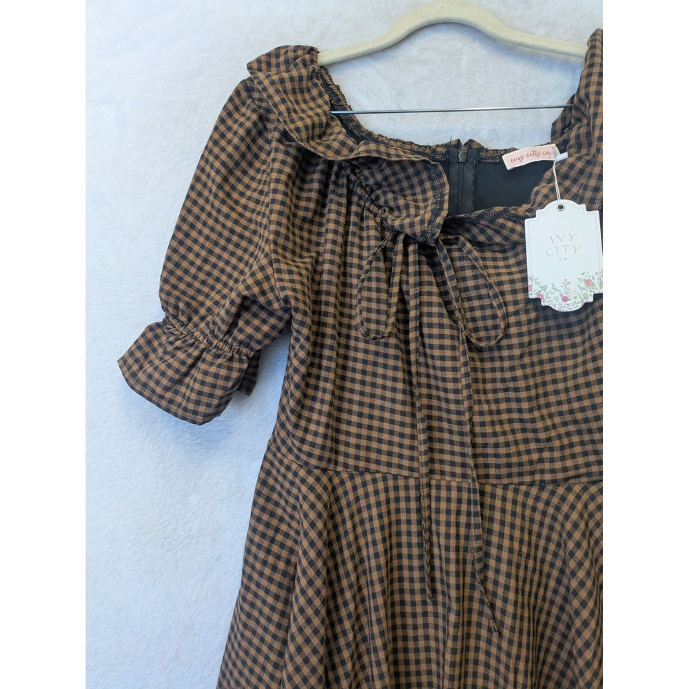 Ivy City Co Maple Women's Brown Gingham Check Midi Dress Size 2 NWT - Picture 7 of 14